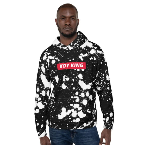 Koy King Splatter Hoodie (Black) with Red Box, front view, from one of the hottest Black-owned streetwear brands available.