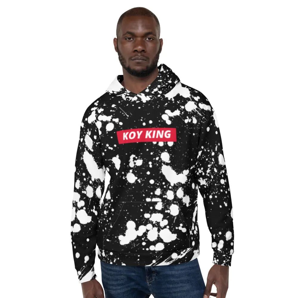 Koy King Splatter Hoodie (Black) with Red Box, front view, from one of the hottest Black-owned streetwear brands available.