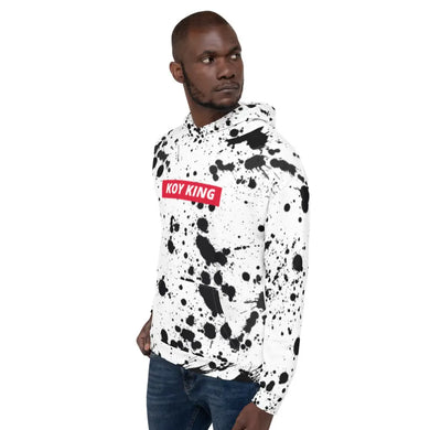Koy King Splatter Hoodie (White) with red box, left side view, from one of the hottest Black-owned streetwear brands in the market.