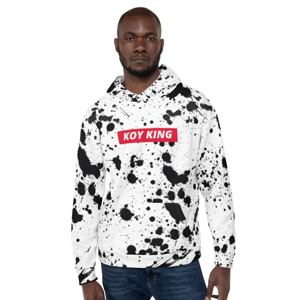 Koy King Splatter Hoodie (White) with red box, front view, from one of the hottest Black-owned streetwear brands out on the market.